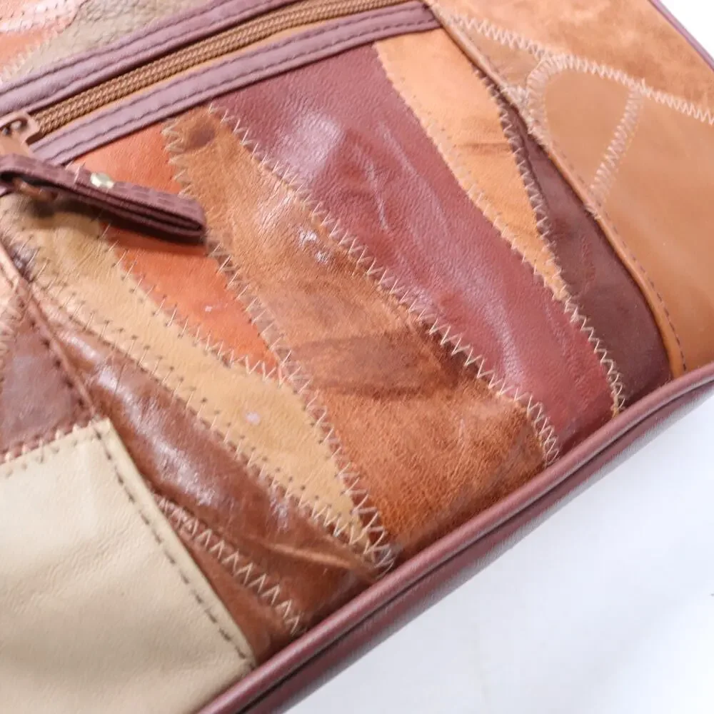 Vtg Patch Leather Crossbody Handbag Women M Brown Tone Colorblock Purse Bag
